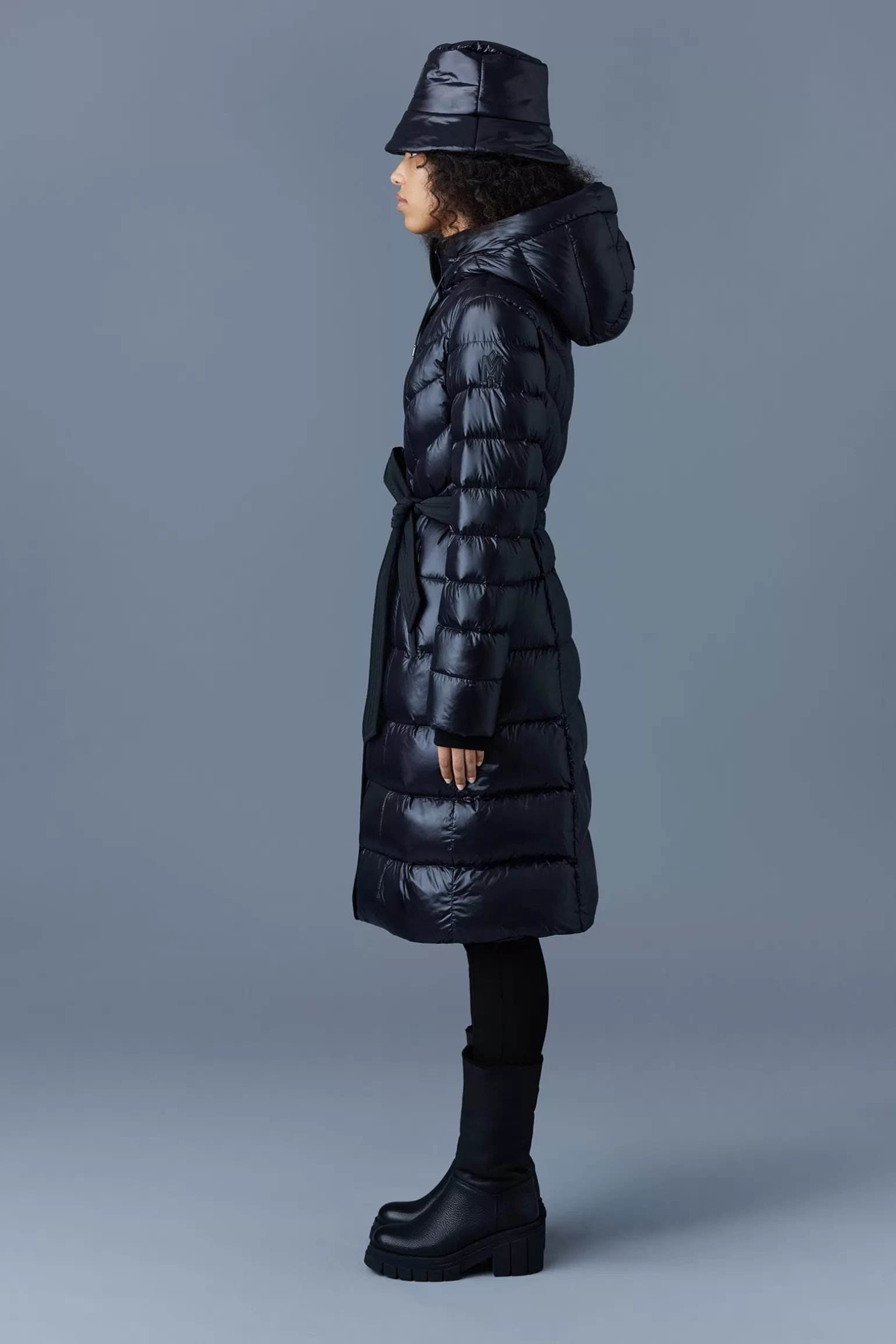 Mackage CORALIA down coat with hood and sash belt Black Clearance