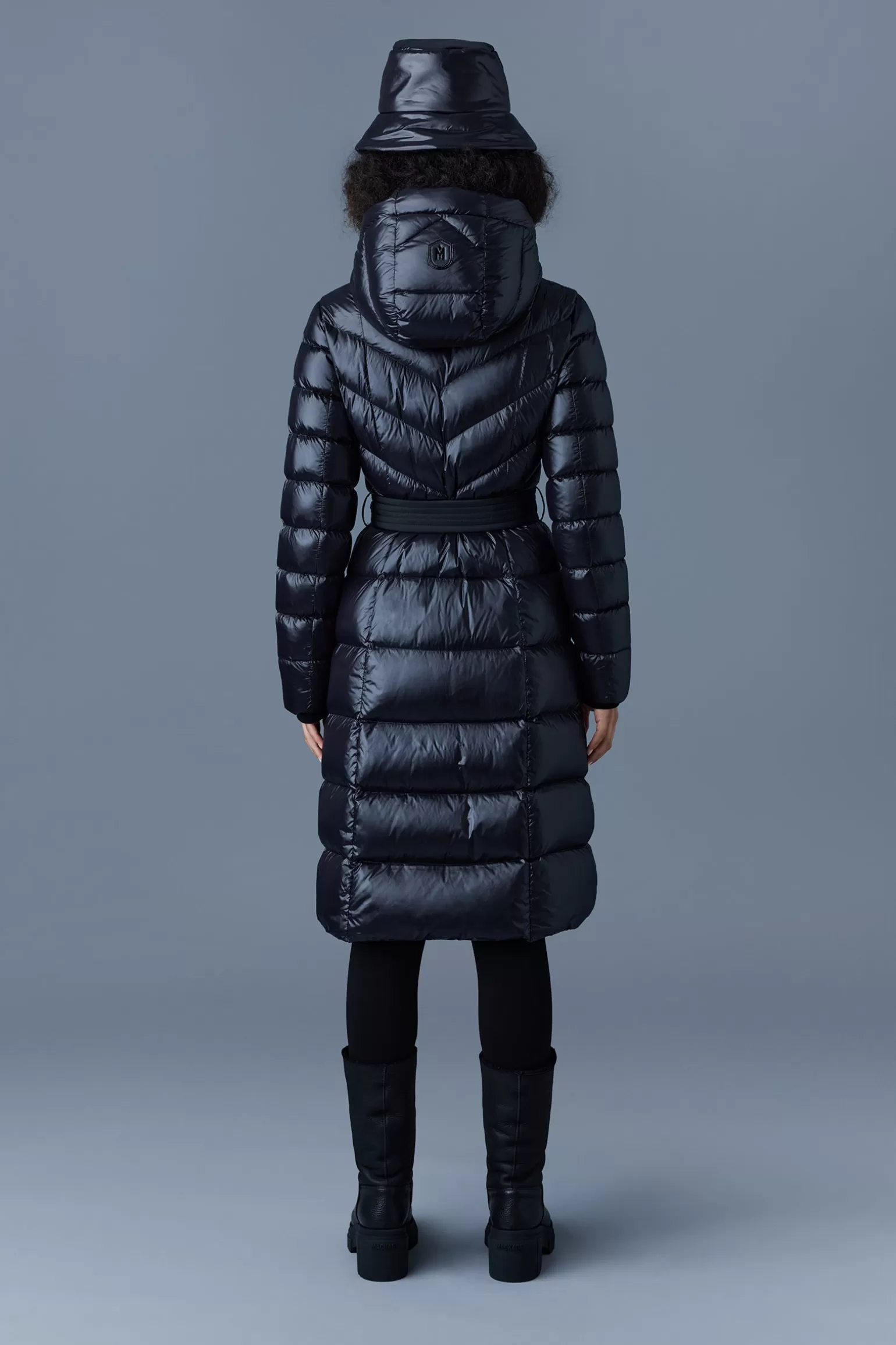 Mackage CORALIA down coat with hood and sash belt Black Clearance