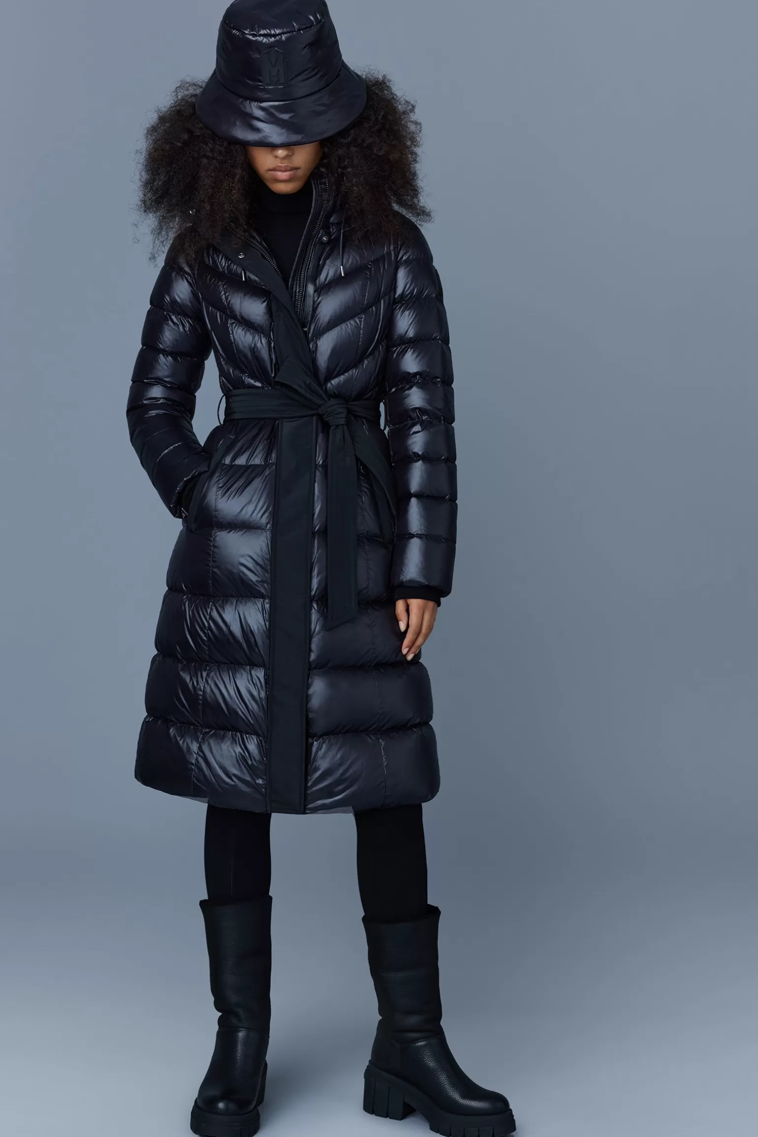 Mackage CORALIA down coat with hood and sash belt Black Clearance
