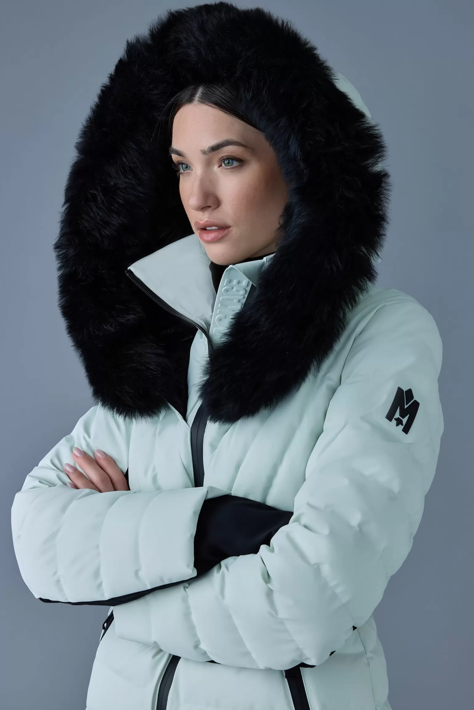 Mackage ELITA Down ski jacket with removable blue fox fur trim Mint Store