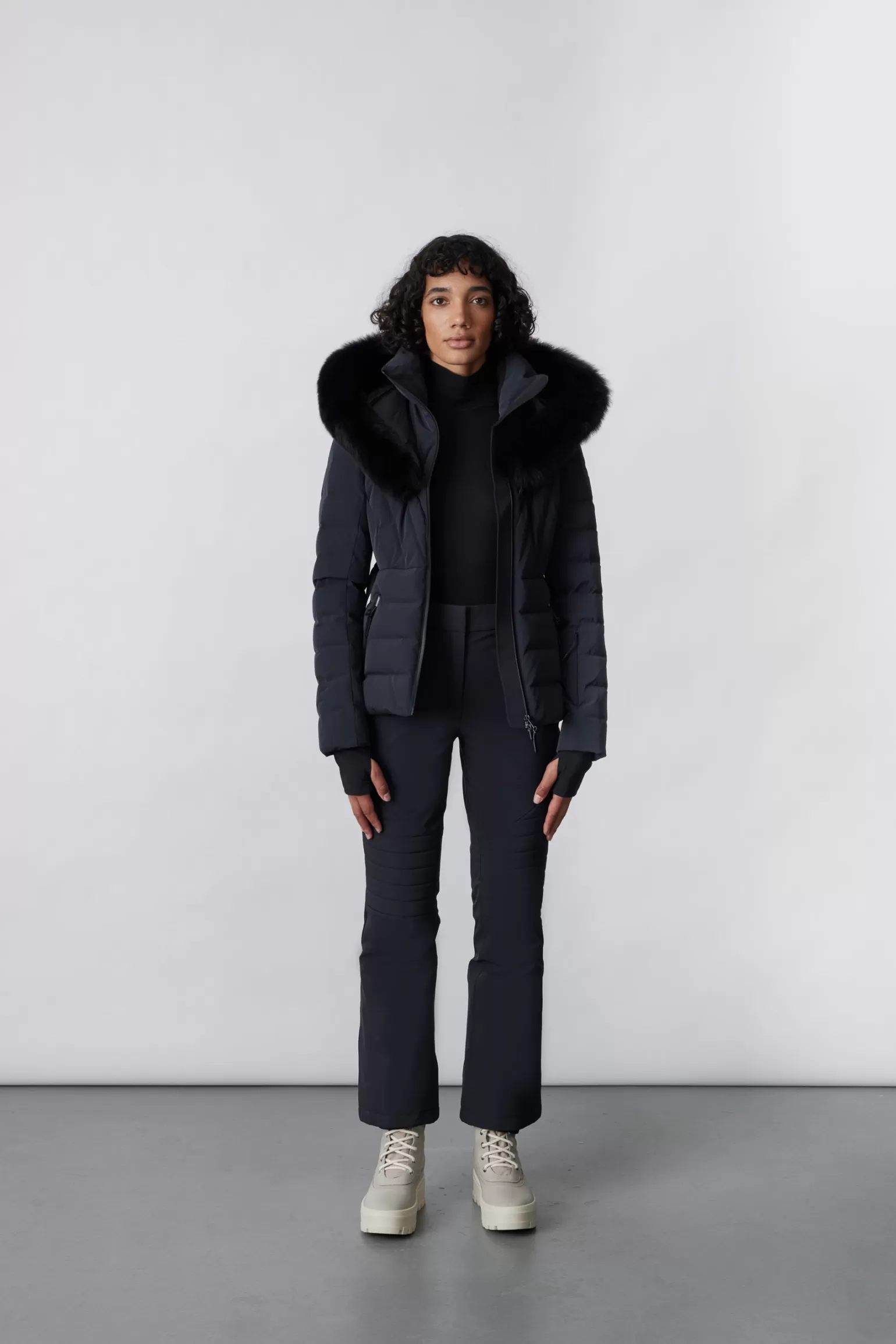 Mackage ELITA Down ski jacket with removable blue fox fur trim Black New