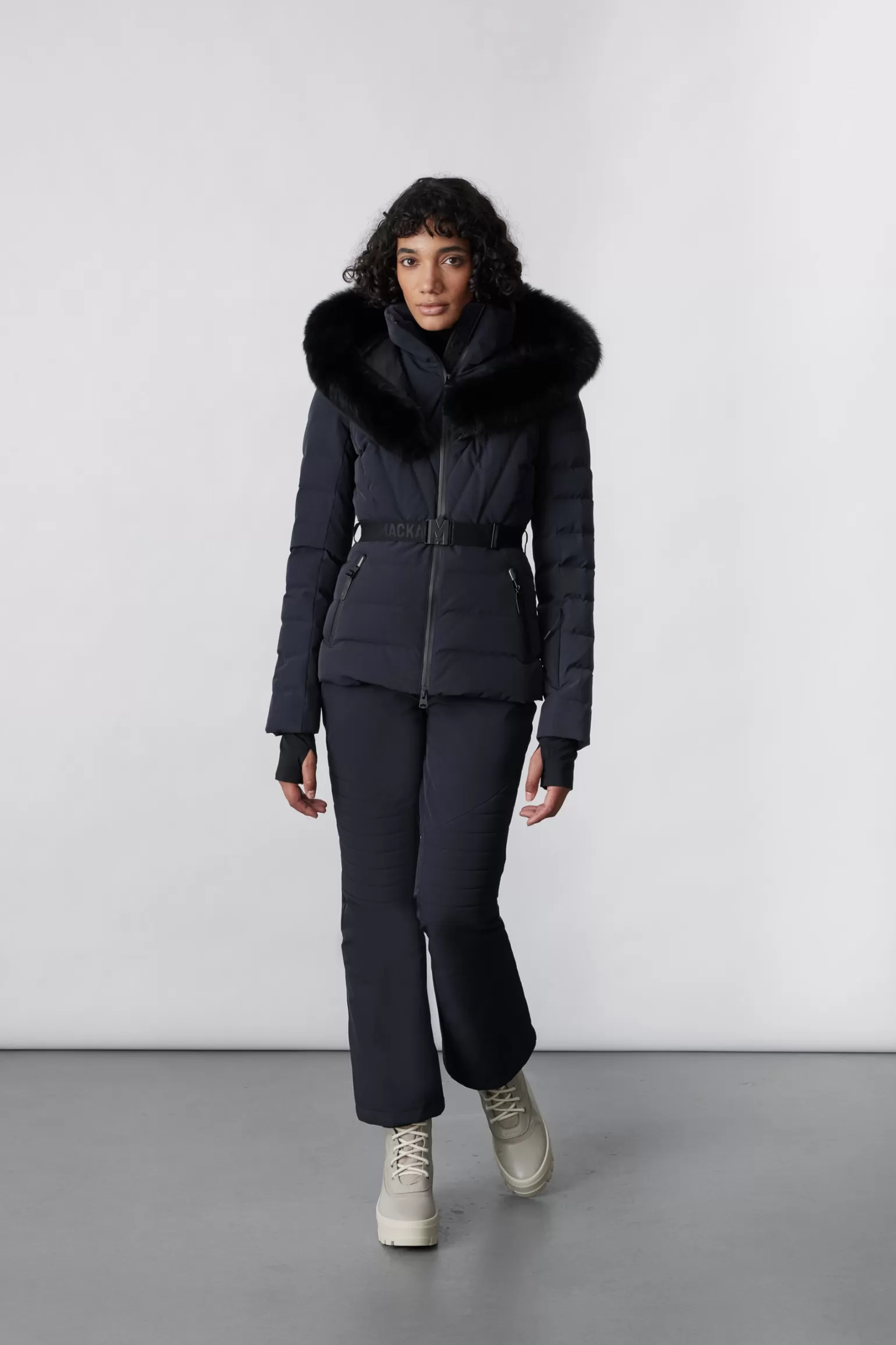 Mackage ELITA Down ski jacket with removable blue fox fur trim Black New