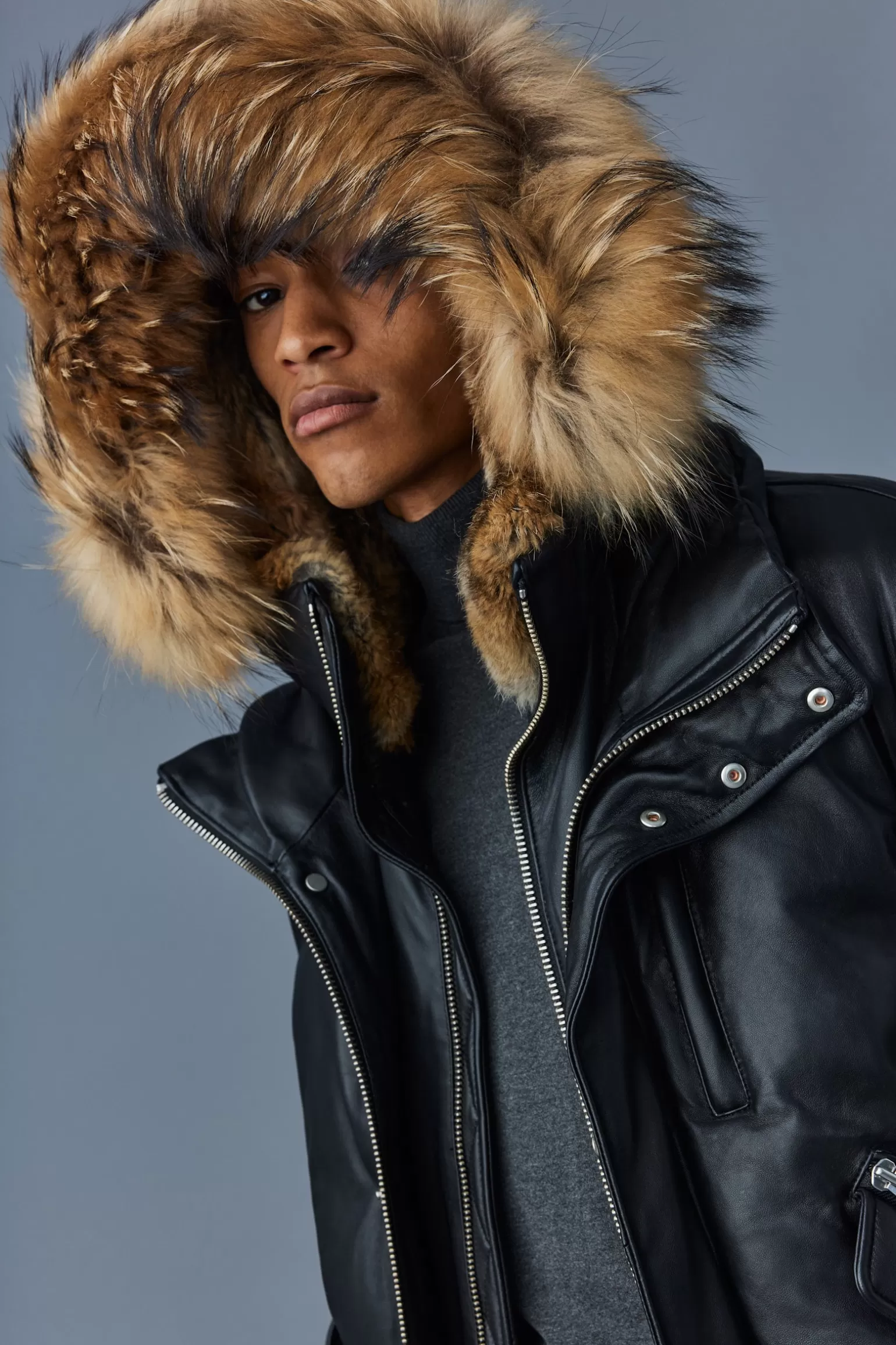 Mackage GLEN 2-in-1 (r) Leather bomber jacket with hooded bib & natural fur Black Discount