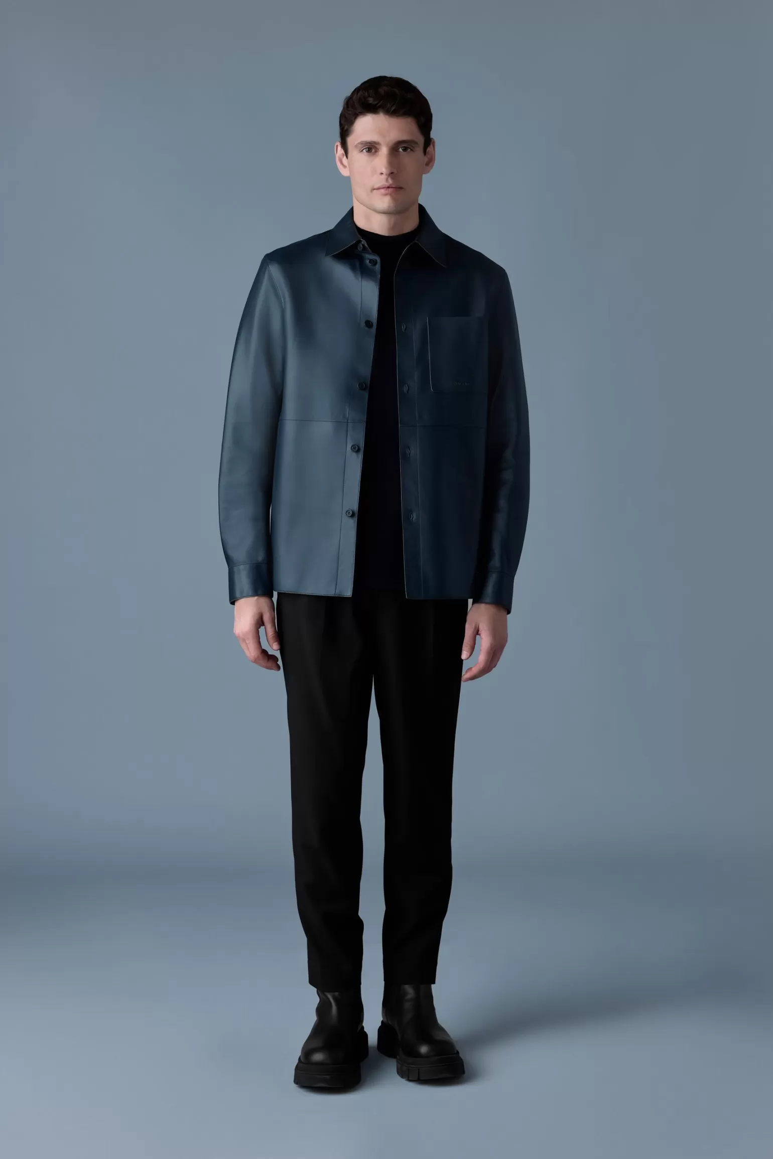 Mackage REMINGTON Two-tone colored leather overshirt Navy-Lightmilitary Discount