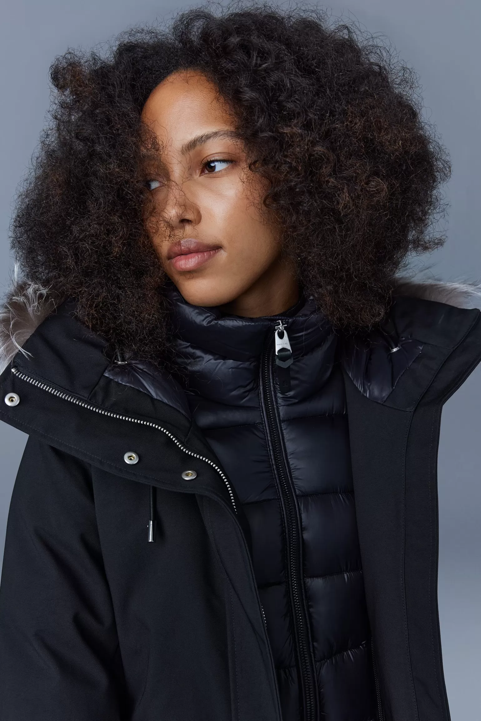 Mackage SHILOH 2-in-1 fitted down coat with removable bib and silver fox fur Black Shop